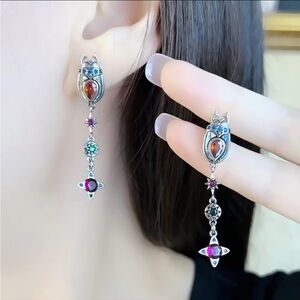 NWOT beetle dangle earrings, red, pink, green stones, Sterling silver